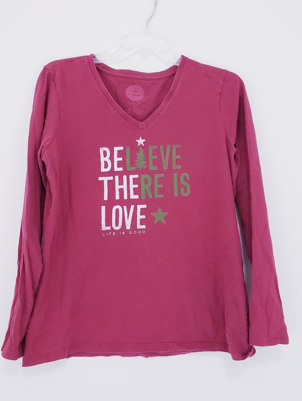 Life is Good Red Believe There Is Love Long Sleeve Christmas Tee Shirt Medium